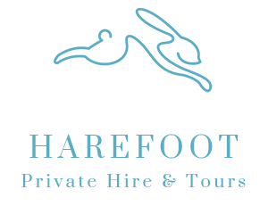 Logo of Harefoot, a company offering private hire and tours, featuring a stylized rabbit illustration above the text in light blue.